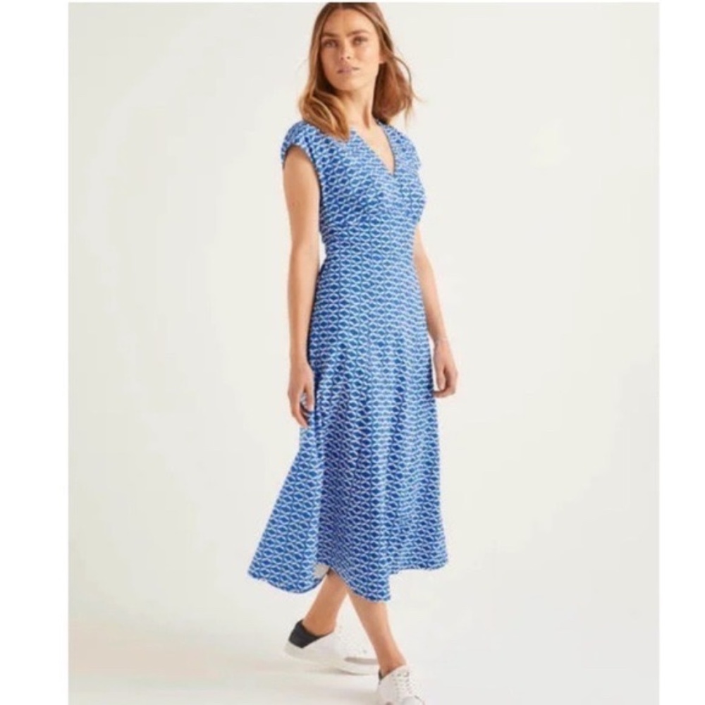 Boden Natasha A-Line Midi Cotton Dress Blue/White Size 2